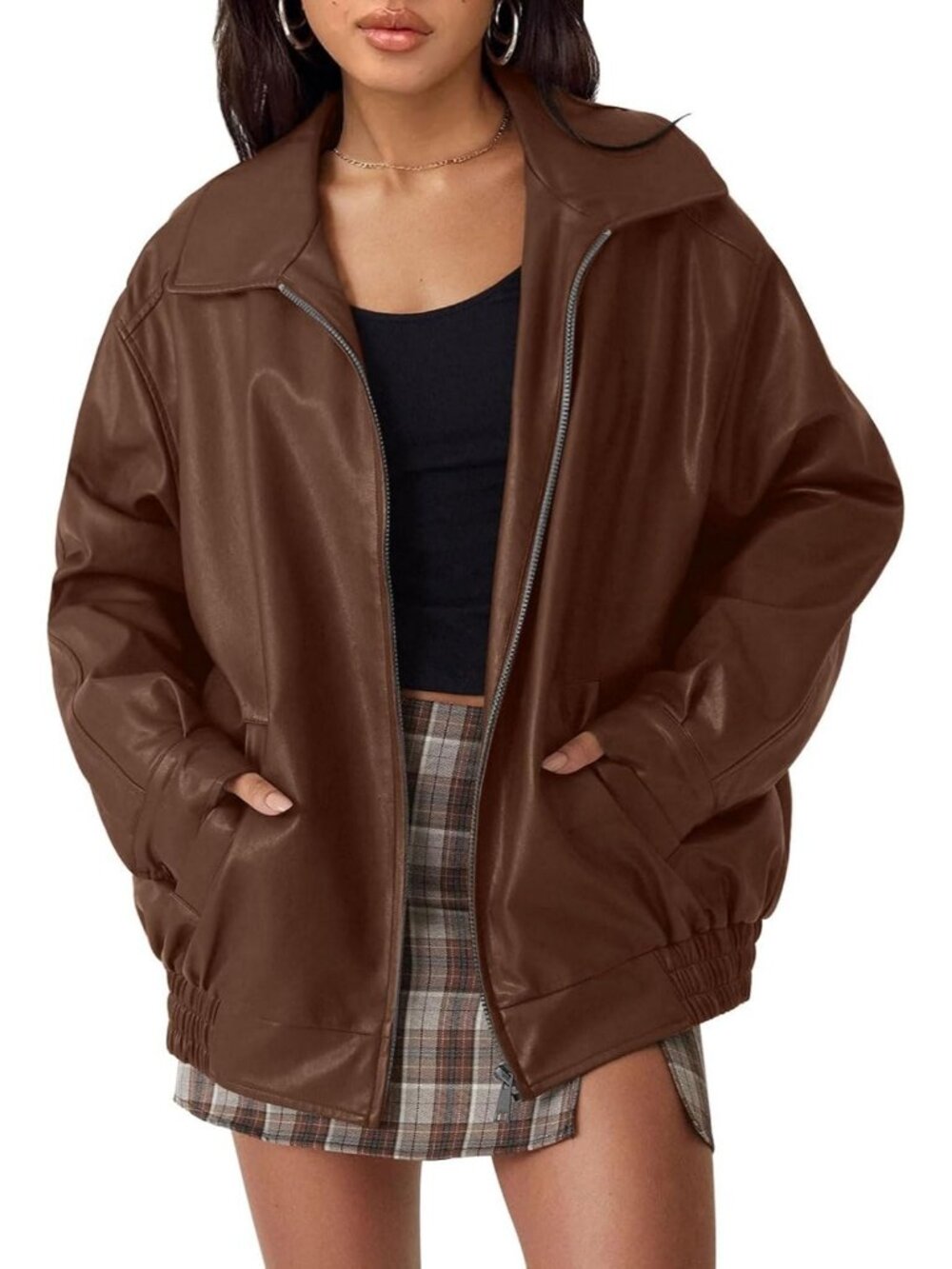 Women's Caramel Oversized Faux Leather Jacket Fall and Winter Biker Moto Coat